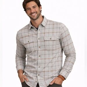 Faherty Brand Plaid Button-Up Shirt in Cream and Brown